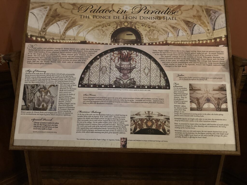 A framed description board of a vintage dinning hall