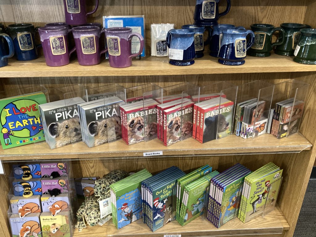Various Animal Coloring Books and Mugs on Display