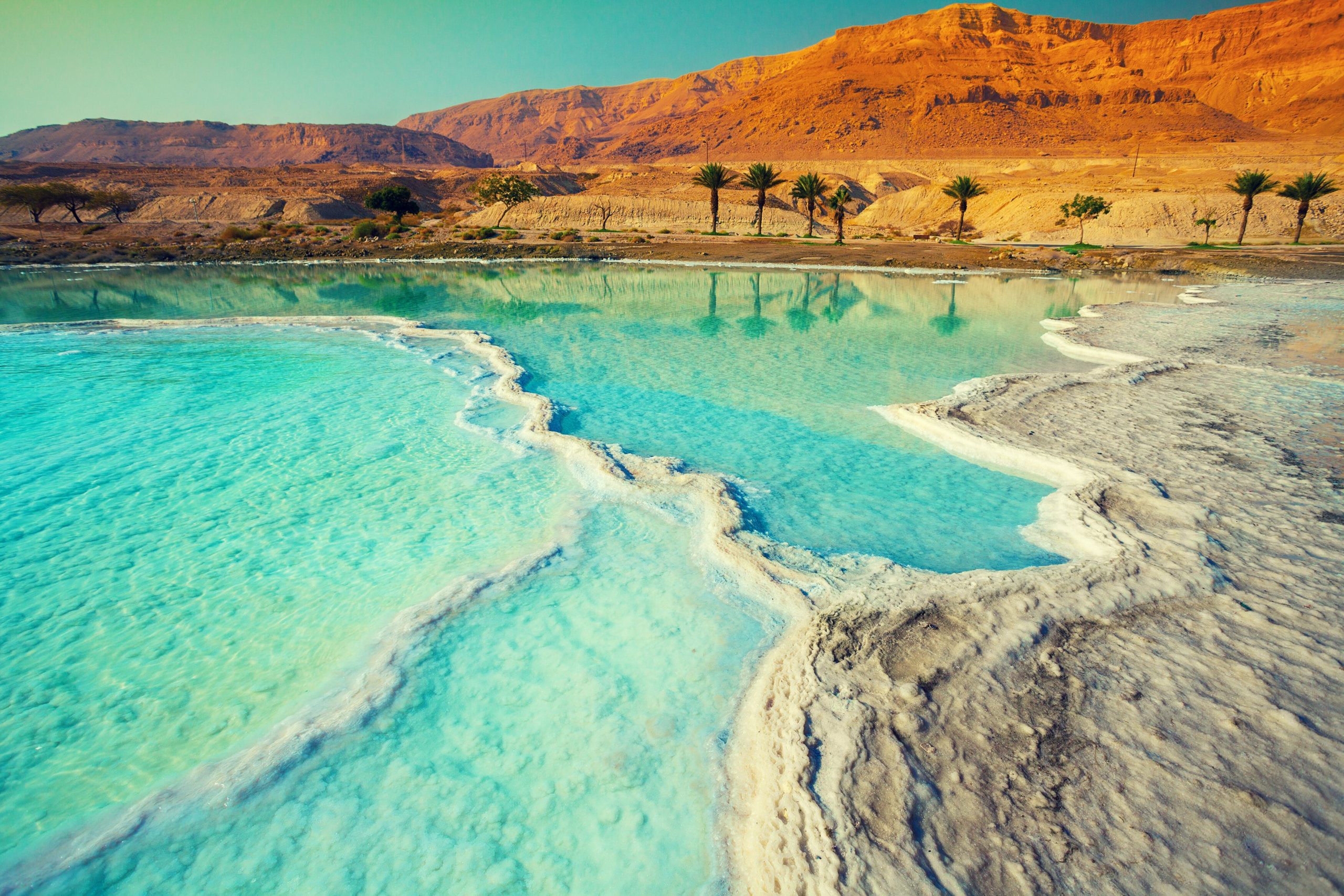 Beautiful turqoise waters of the dead sea with palm trees and red mountains in background