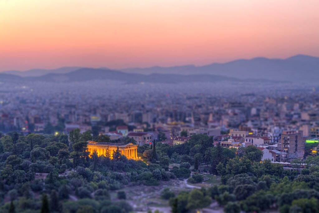 Temple of Hephaestus lit up at night