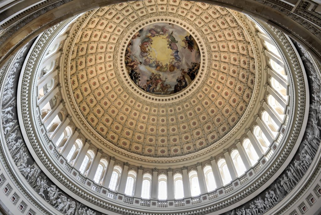 US Capitol Dome with windows, yellow tile pattern, and Apotheosis of Washington