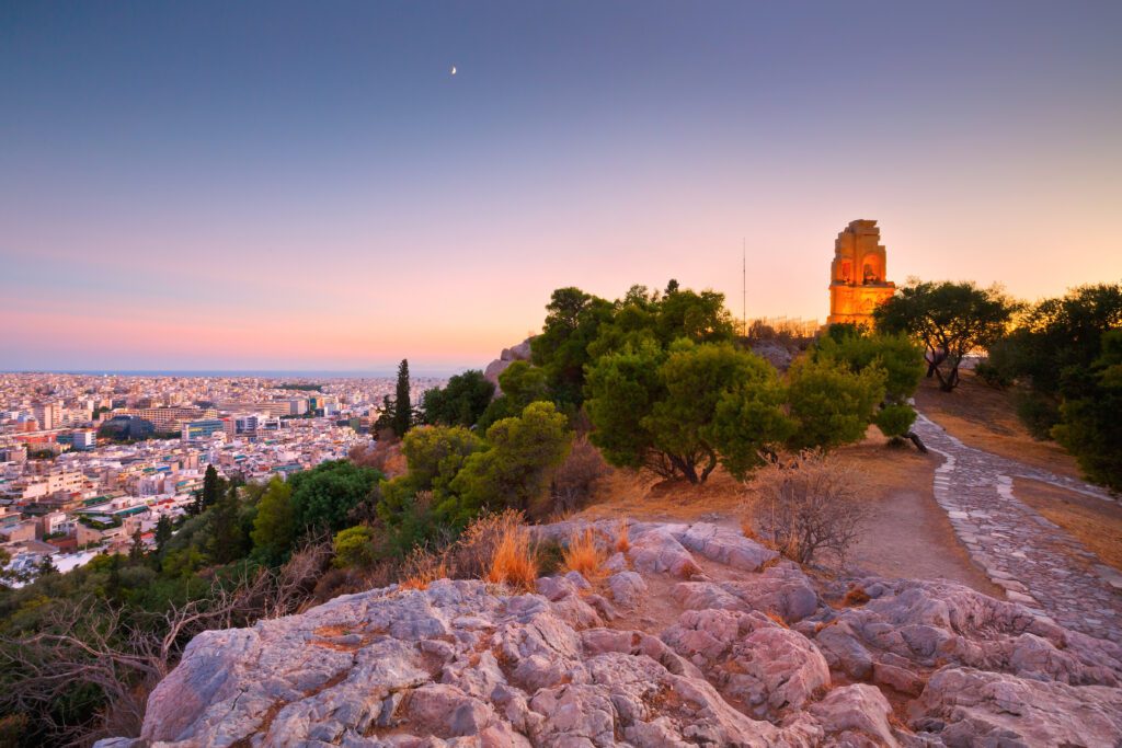 View of the Philopappos Monument and Athens from Filopappou Hill