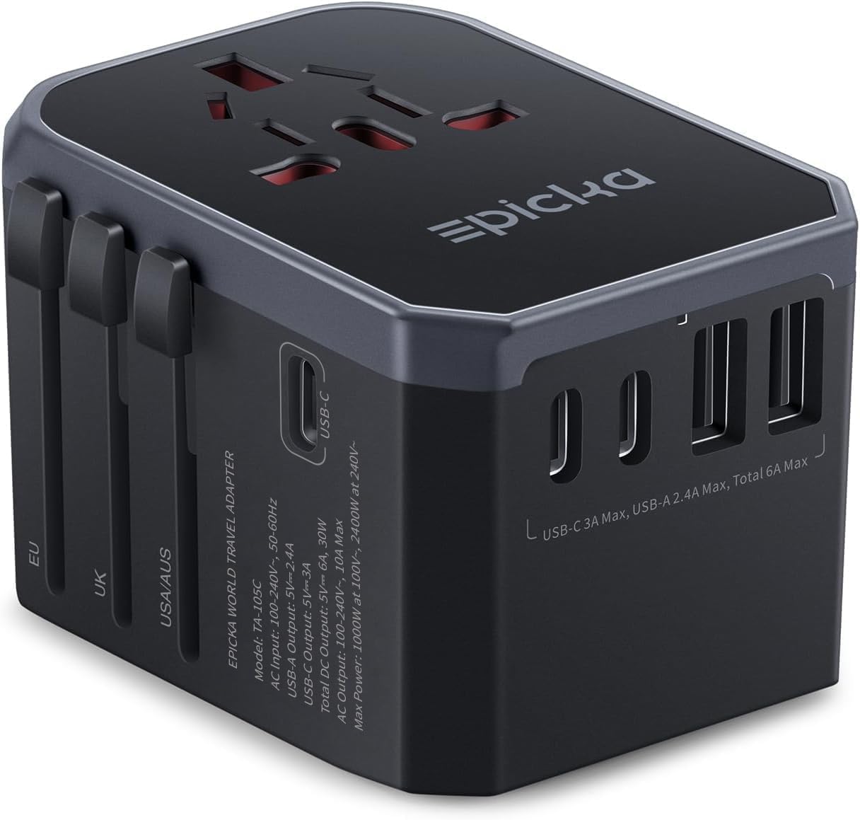 EPICKA Universal Travel Adapter, International Power Adapter with 2 USB-A & 3 USB-C Ports Wall Charger