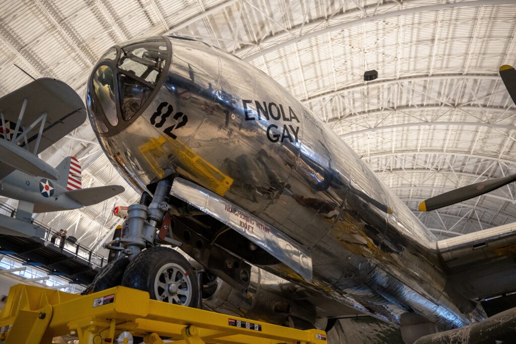 Enola Gay displayed at the Smithsonian's Udvar-Hazy Center.The aircraft is recognized for dropping the first atomic bomb on Hiroshima, Japan, during World War II.