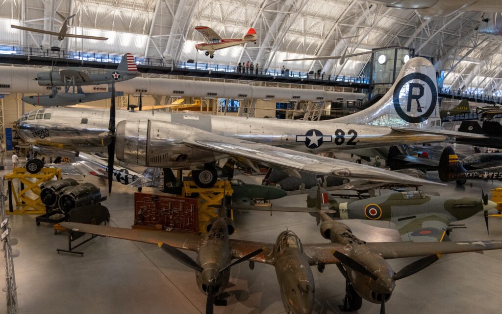 Enola Gay displayed at the Smithsonian's Udvar-Hazy Center.The aircraft is recognized for dropping the first atomic bomb on Hiroshima, Japan, during World War II.