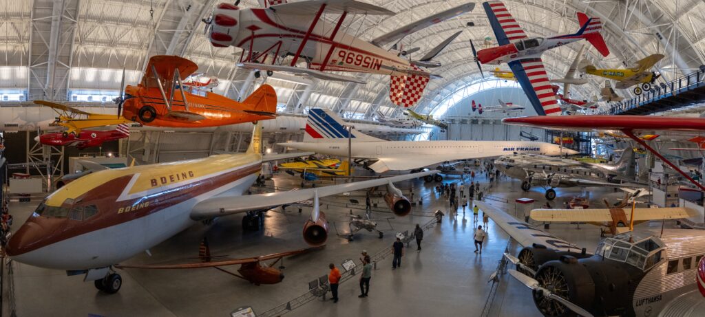 Panoramic view inside the Steven F. Udvar-Hazy Center